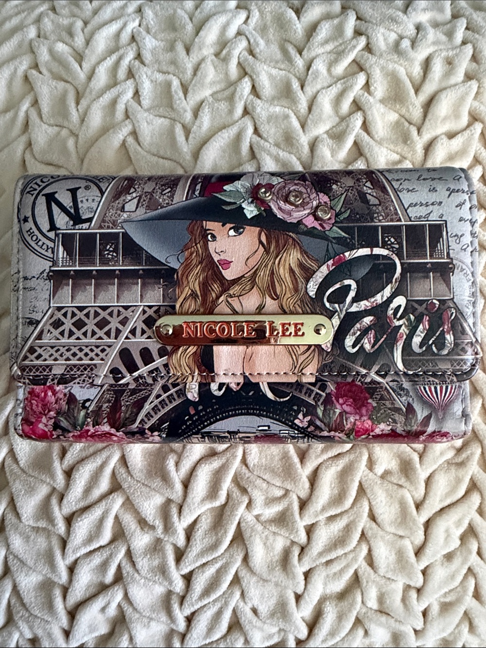 Nicole Lee Floral Paris Graphic Clutch Wallet - Black, Pink, cream.
